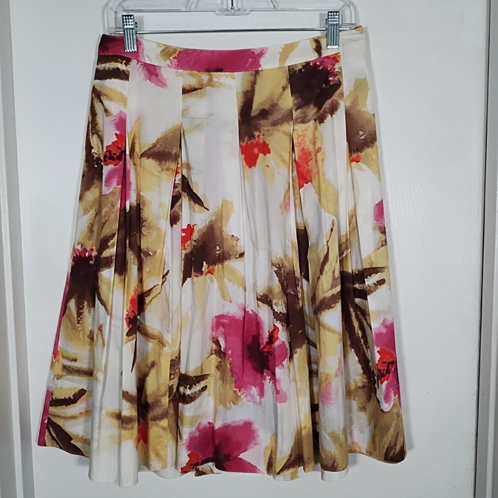Talbots Petites Women's 6p Floral Pleated Cotton Blend Full A-Line Skirt Pockets